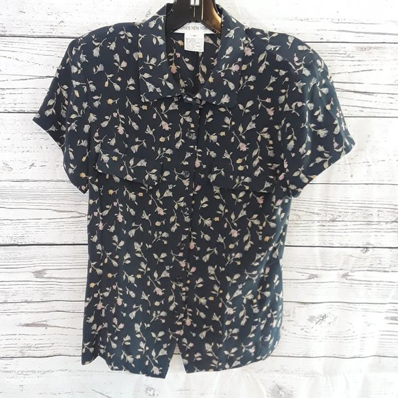 NEW Jones New York 100% Silk Black Floral Blouse - Picture 1 of 4